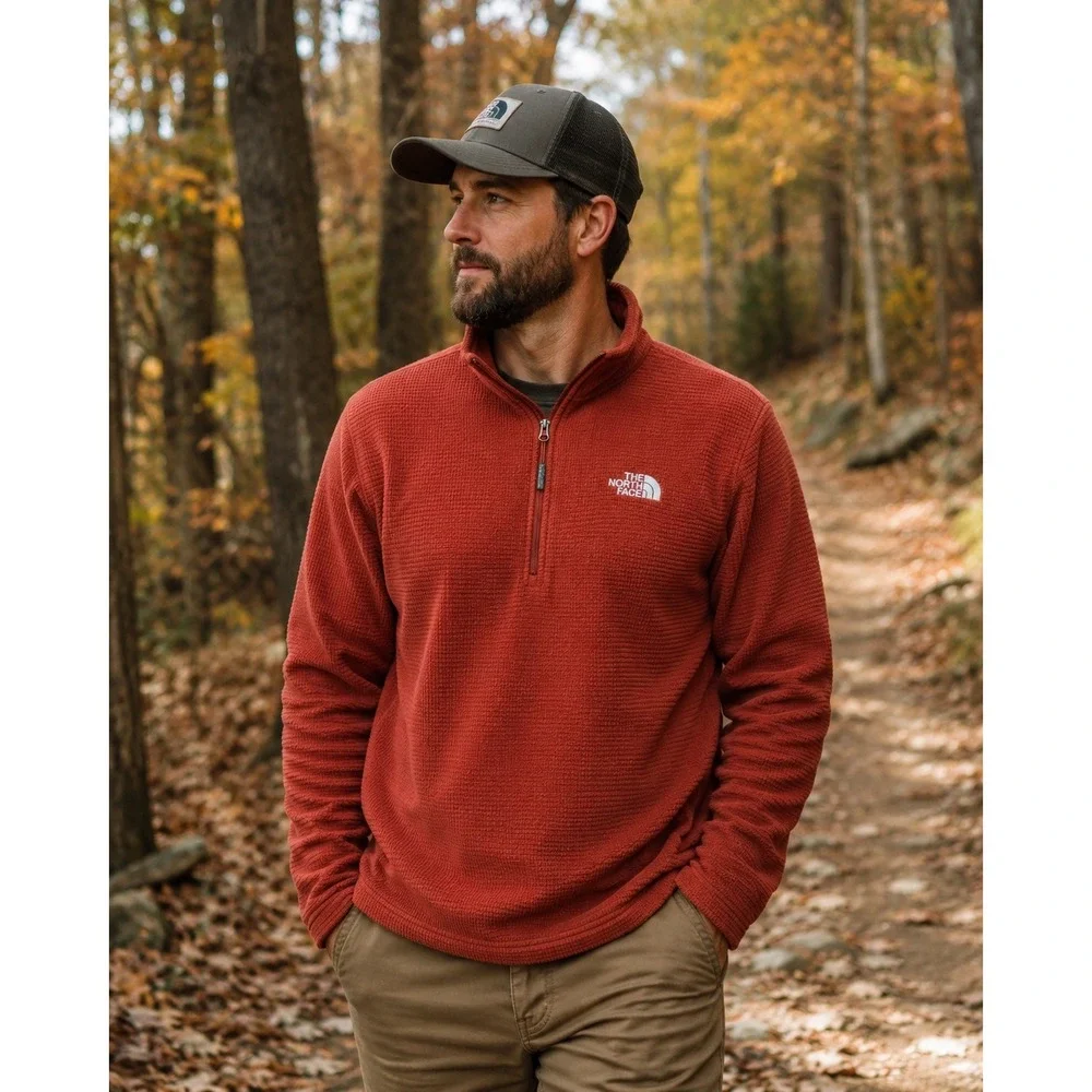 The North Face Mens Quarter Zip Waffle Grid Fleece Pullover Rust Red Medium